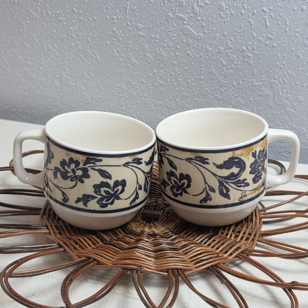 Vintage Cypress Home Daphne B Floral Coffee Mugs‎ Blue Cream Ceramic Set of 2